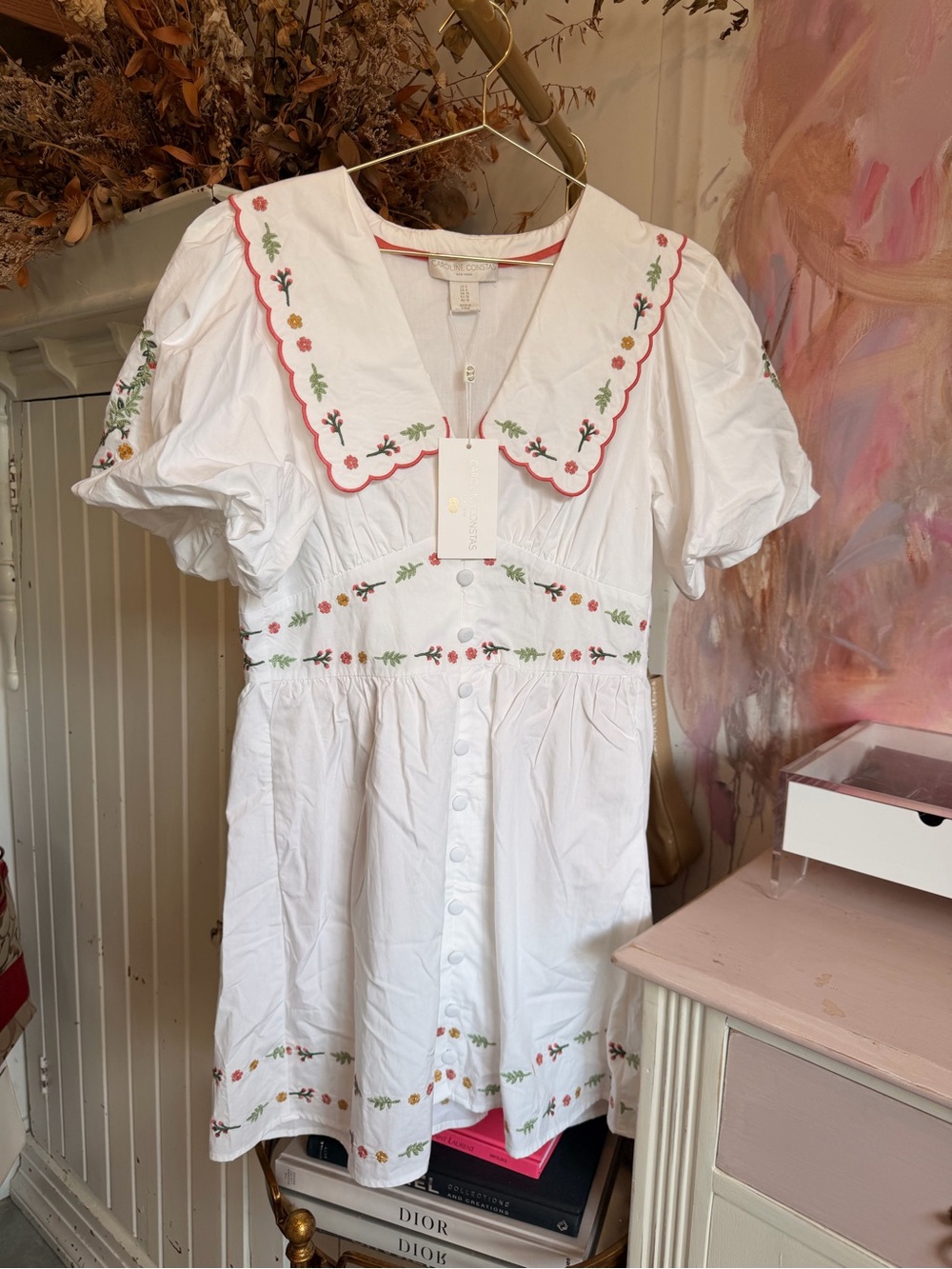 Caroline Constas White Mini Dress with Red Trim and Multicolor Floral Embroidery